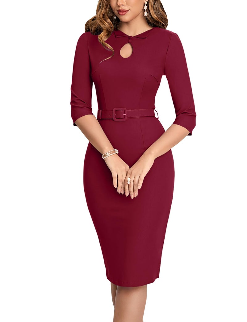 MUXXN Women's Charming Pleated Flared Neckline Stretch Fitted Graduation Dress (Burgundy XXL) - Image 4